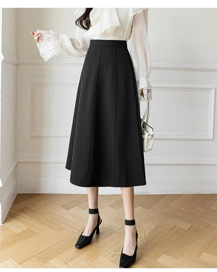 Women's Skirt Spring Women High Waist Solid Vintage Girl's Waist Down Skirt Knee-length A-line Fashion Thin Skirt for Women