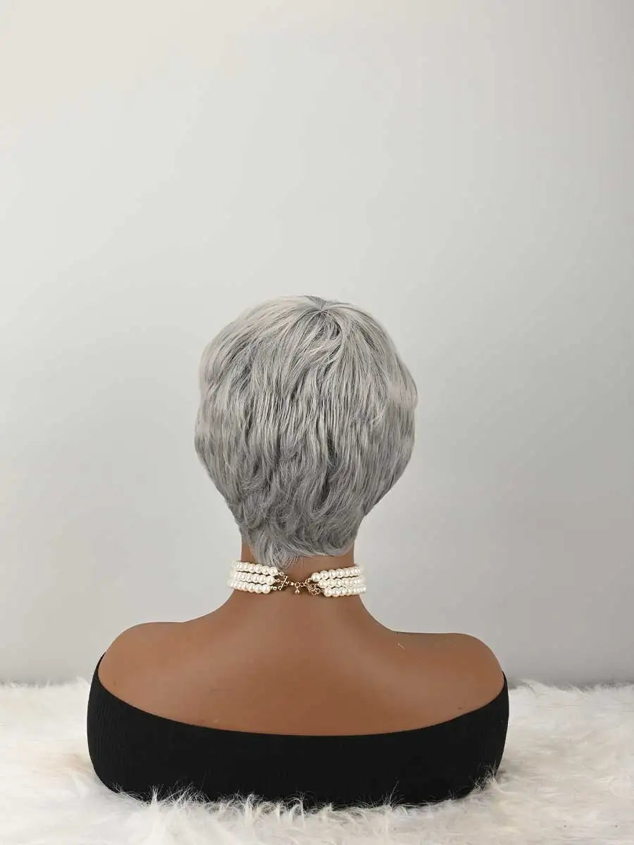 Grey Wigs for Women Short Wigs Short Curly Wigs Short Cut Hair with Bangs for Women Pixie Short Wig Synthetic Layered Wigs with Bangs Heat Resistant Fiber Wig For Daily Use
