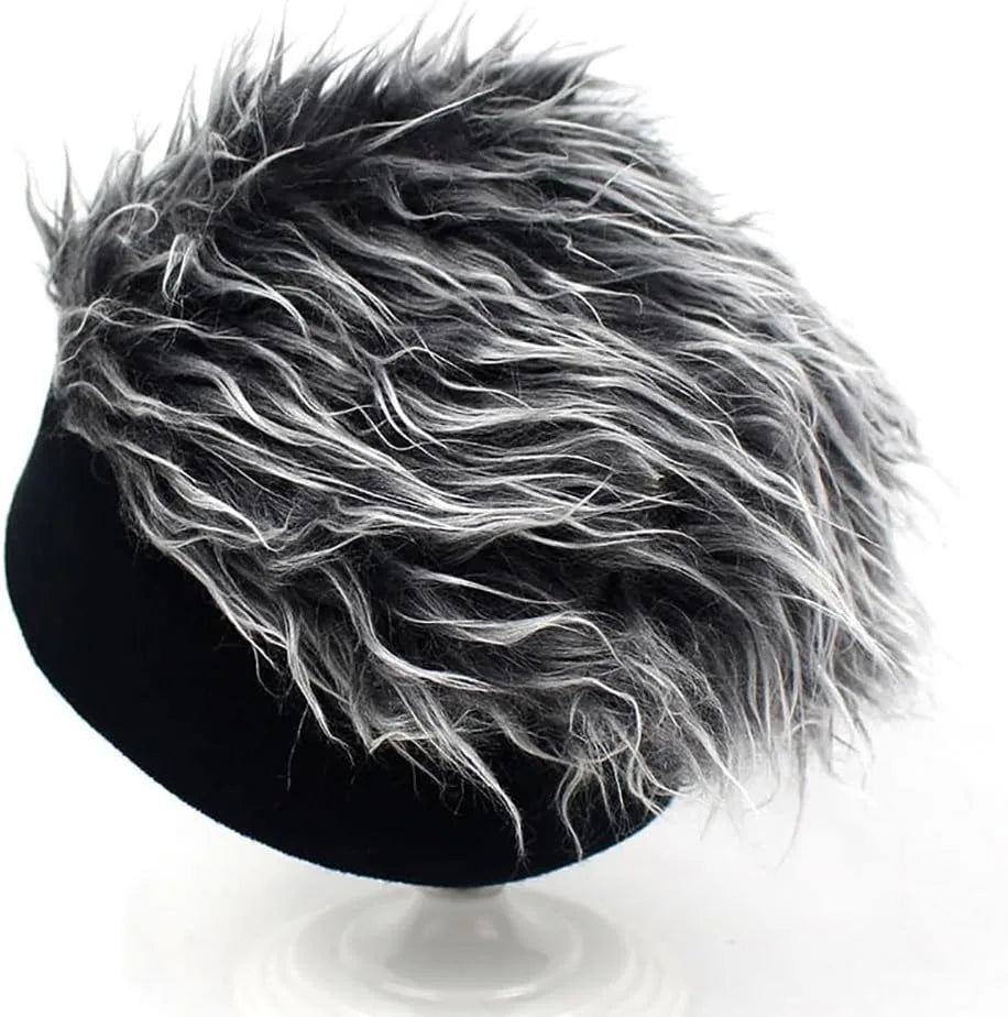 Grey Spiked Straight Fake Hair Wig Hat, Novelty Funny Integrated Hair Beanie Cap for Men Women, Elastic Stretch Headband Hip Hop Costume Wig Headwear for Party Cosplay