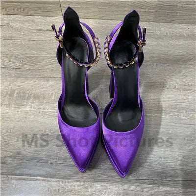 Luxury Women High Heel Shoes Platform Sandals Pointed Toe Woman Silk Pumps Sexy Rhinestone Buckle Chunky Heel Wedding Shoes 2024