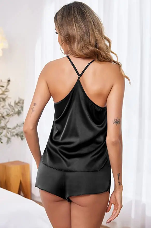 Conjuntos de pijama de satén y encaje sexy para mujer, ropa de dormir, tops sin mangas + pantalones cortos, conjuntos de 2 piezas de pijama para mujer