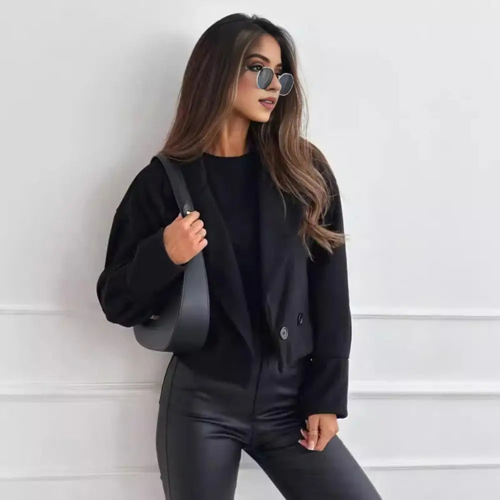 Women Fall Winter Coat Short Type Turn-down Collar Solid Color Loose Button Closure Cardigan OL Commuting Jacket Lady Outwear