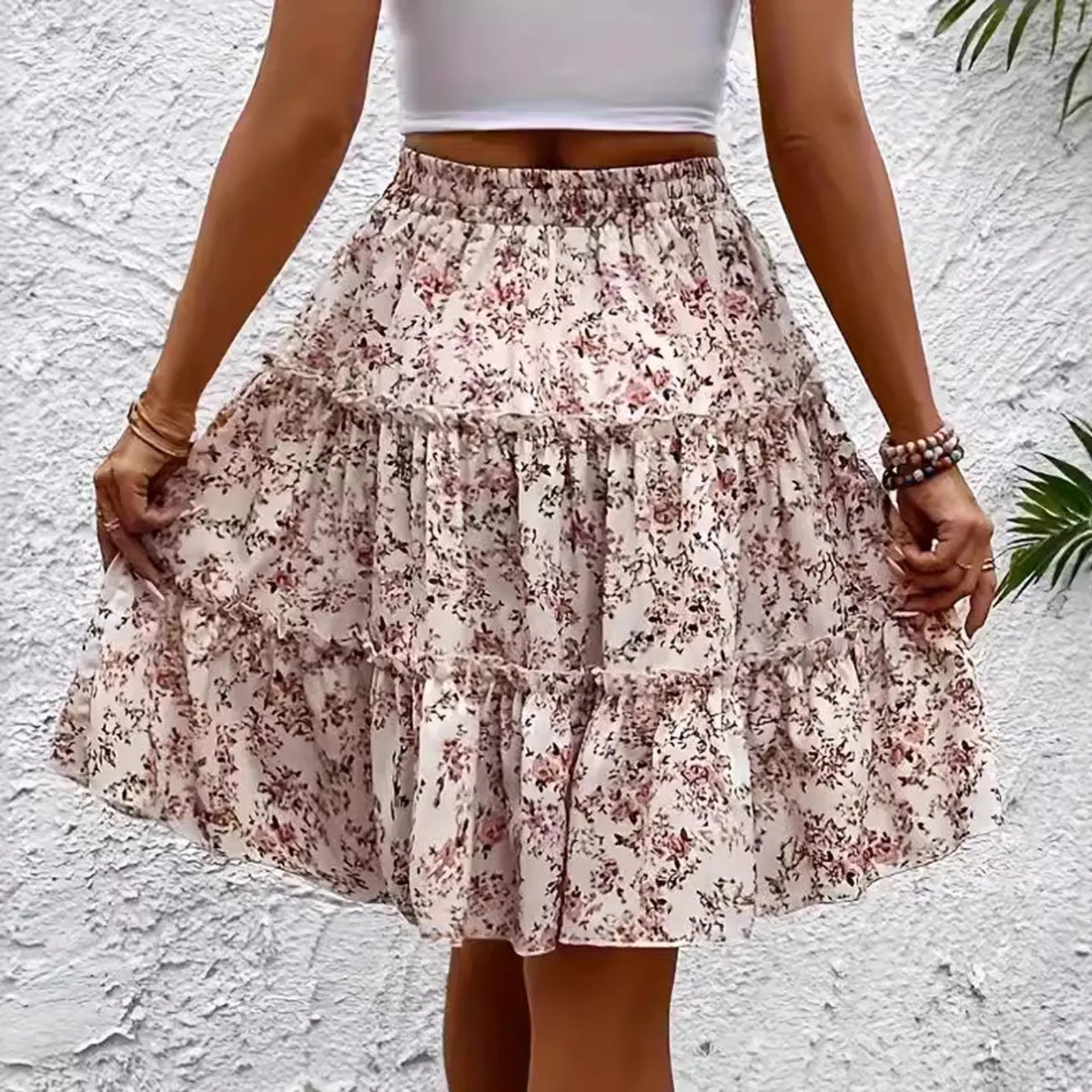 Women's Spliced Cake Skirt Fashionable Floral Print Elastic Waist Strap Versatile Casual Skirts Comfortable knee-length skirt