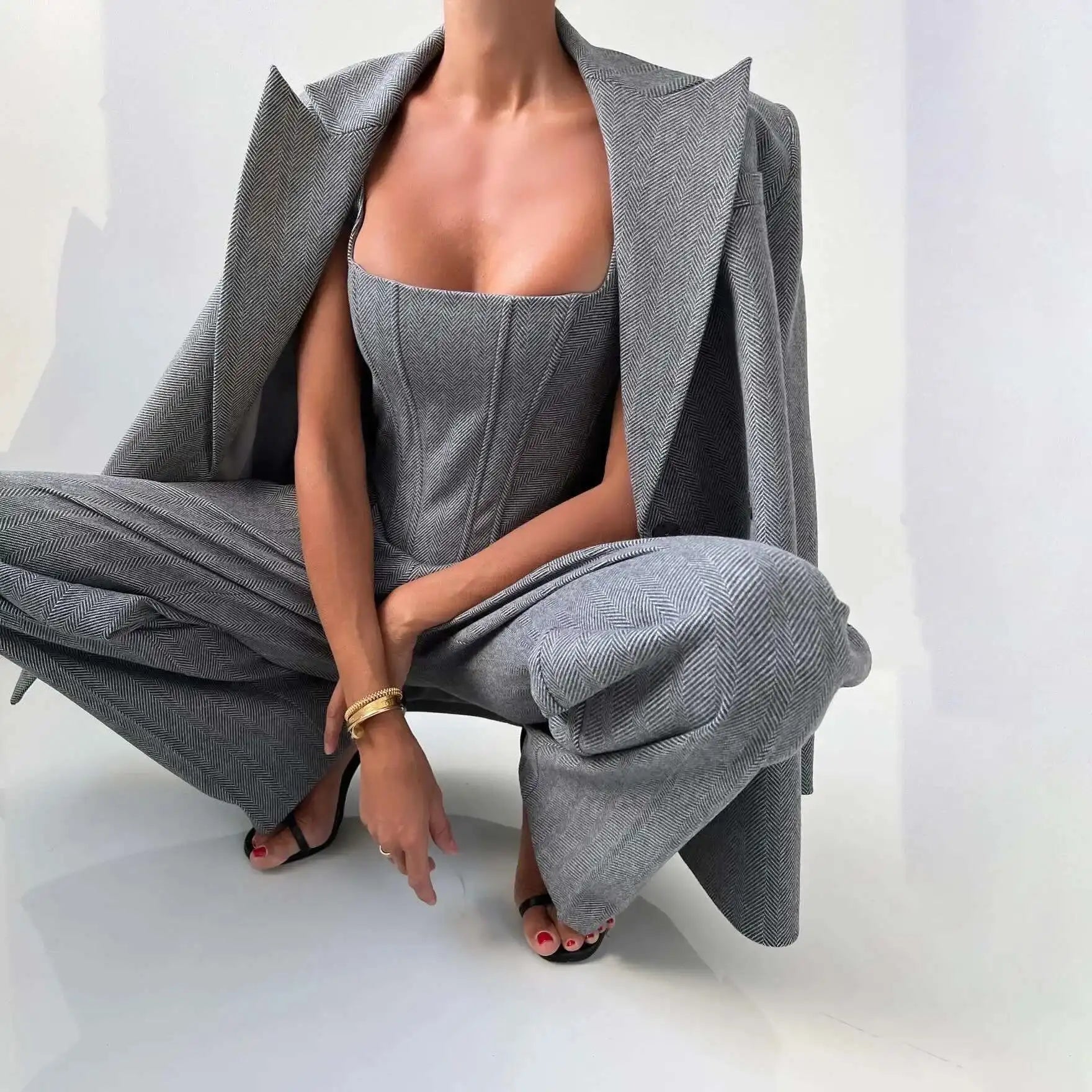 [Vibe] Women's Blazer Three Piece Solid Slim Vest Loose Blazer High Waist Pants Suit Streetwear Casual Female Pants Suit