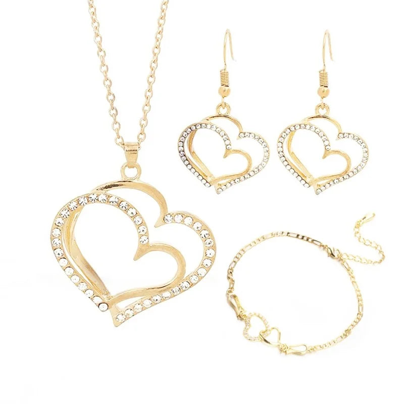 Women's Fashion Double Heart Jewelry Set Girls Delicate Necklace Earrings Bracelet Trendy Accessories Anniversary Wedding Gift