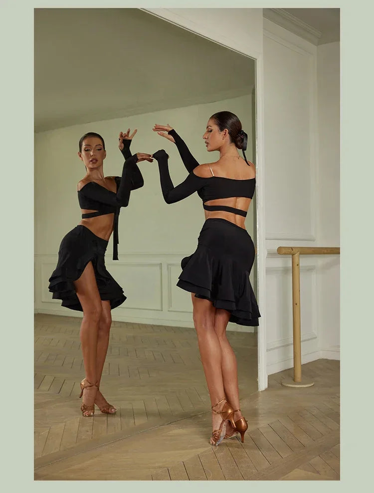 Sexy Off Shoulder Latin Top Ruffled Skirts Latin Dance Costume Stage Performance Clothes Samba Tango Dance Wear Set for Women