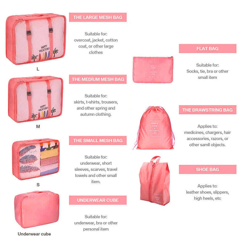 7PCS Travel Packing Cubes Luggage Pouches Organiser Clothes Suitcase Storage Bag