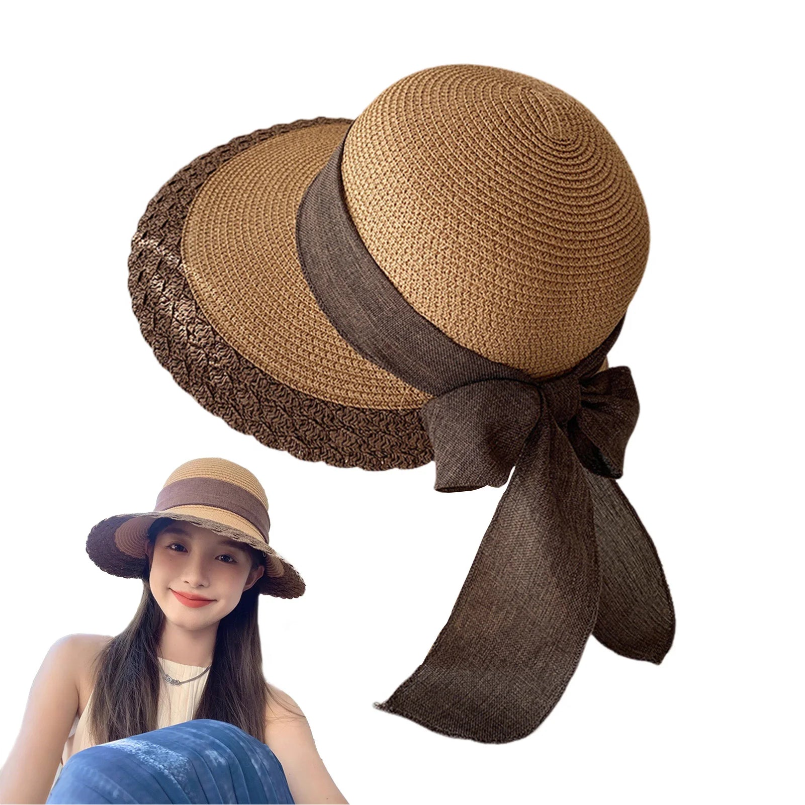 Sombreros de paja de ala ancha para mujer, diseño de borde de encaje, gorras de playa con lazo para deportes al aire libre, senderismo y viajes