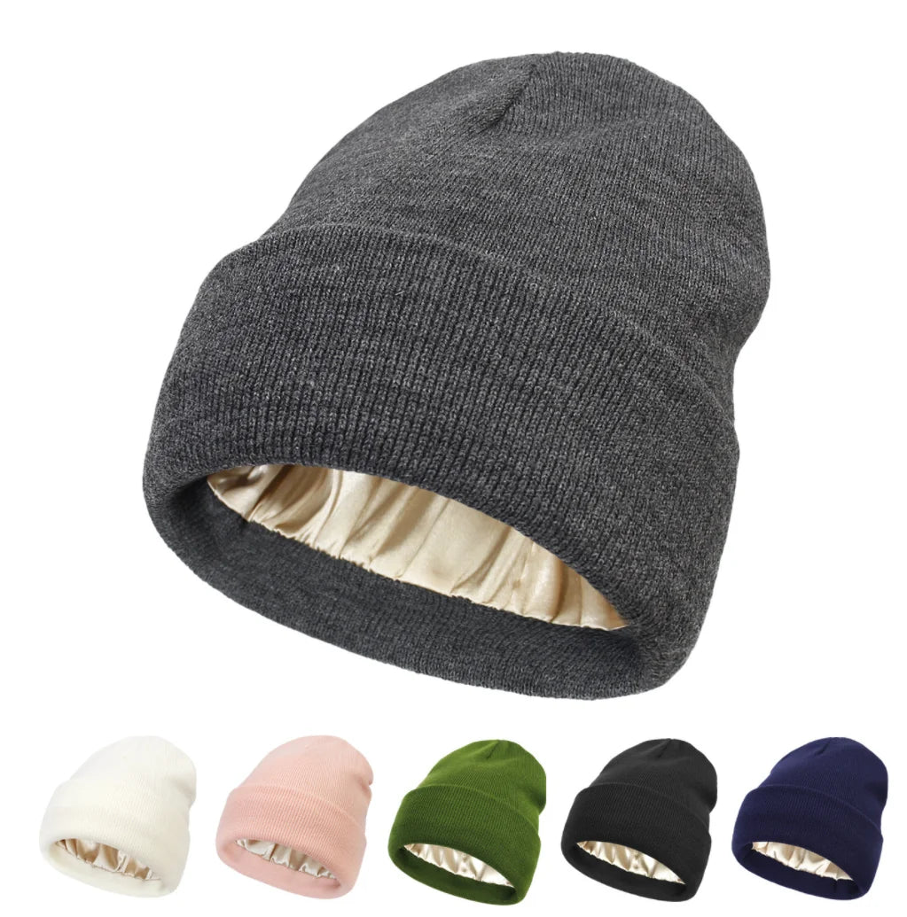 Knitted Hat For Women Silk Satin Lined Beanies Chunky Caps Warm Winter Women Men Bonnet Skullies Caps Male Female Balaclava Hats