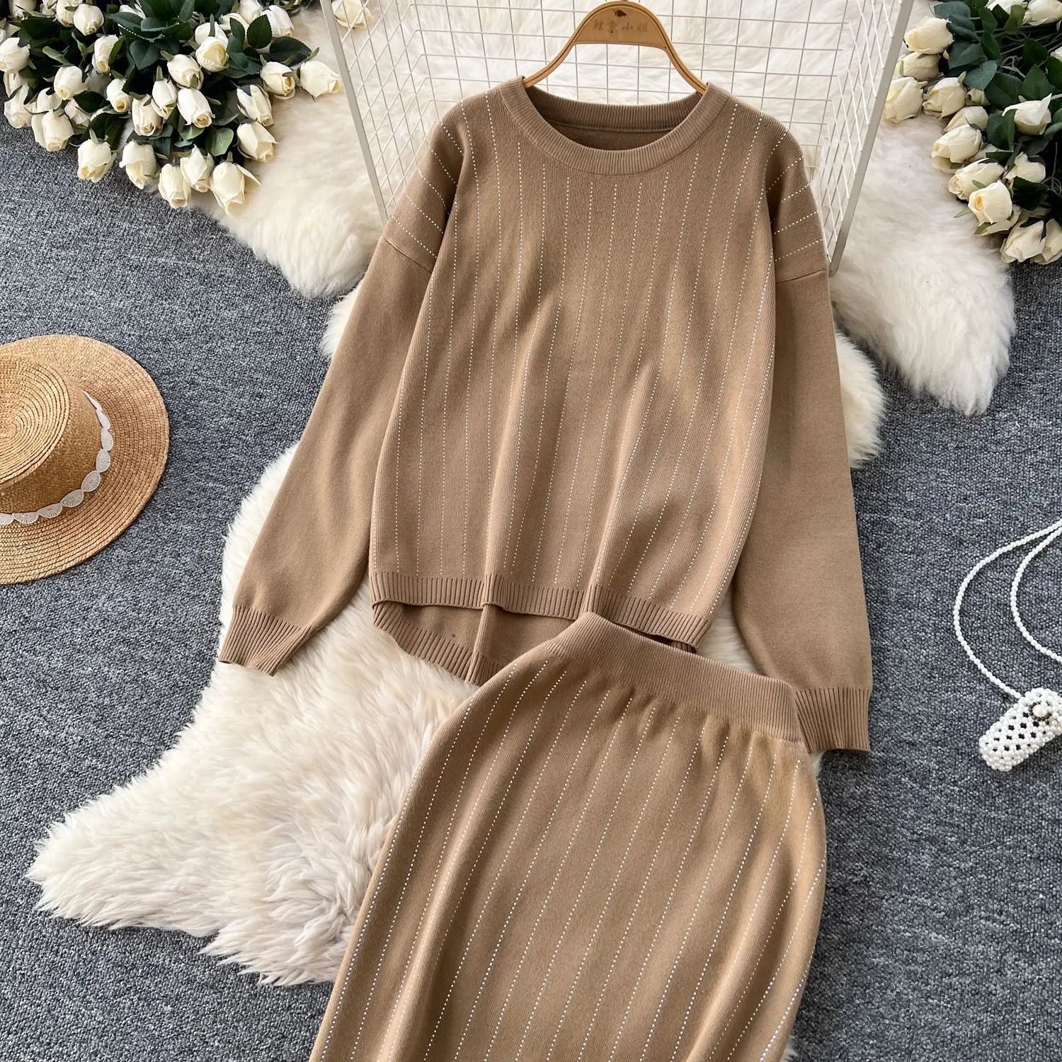 Women Skirt Sets Two Piece Sweater Set Full Sleeve Knit Tops Dress Sets Wrap Hip Skirts Casual Top Diamonds Spliced Autumn 2025