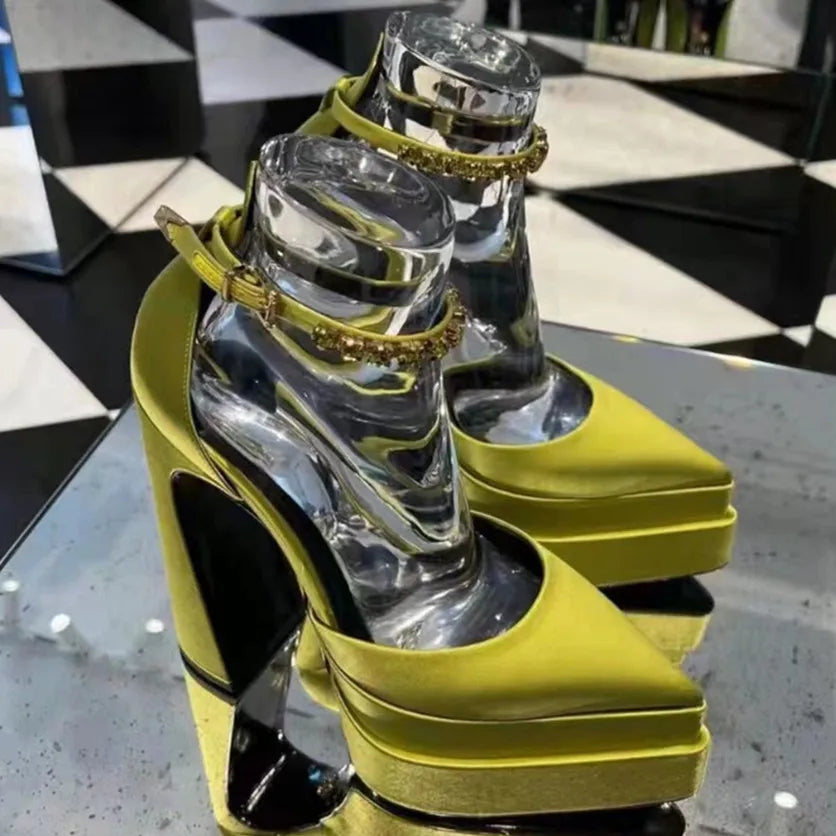 Luxury Women High Heel Shoes Platform Sandals Pointed Toe Woman Silk Pumps Sexy Rhinestone Buckle Chunky Heel Wedding Shoes 2024