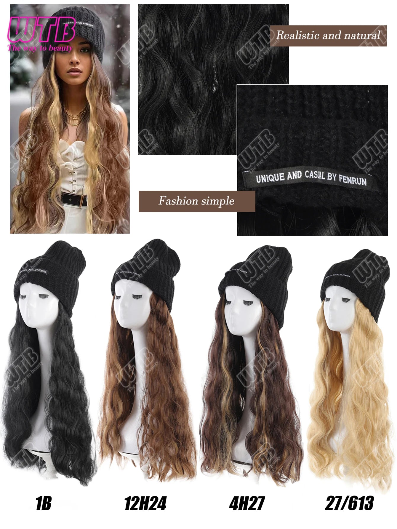 Synthetic Wig Black Hat With Long Curly Hair Extensions; Knitted Hat; Warm Ski Hat For Autumn And Winter