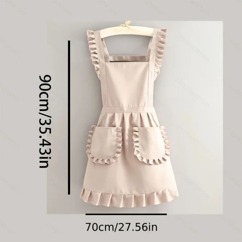 Tablier de cuisine coréen - Tablier de style princesse, bretelles réglables au cou et à la taille avec poches adaptées à la cuisine et aux studios de manucure