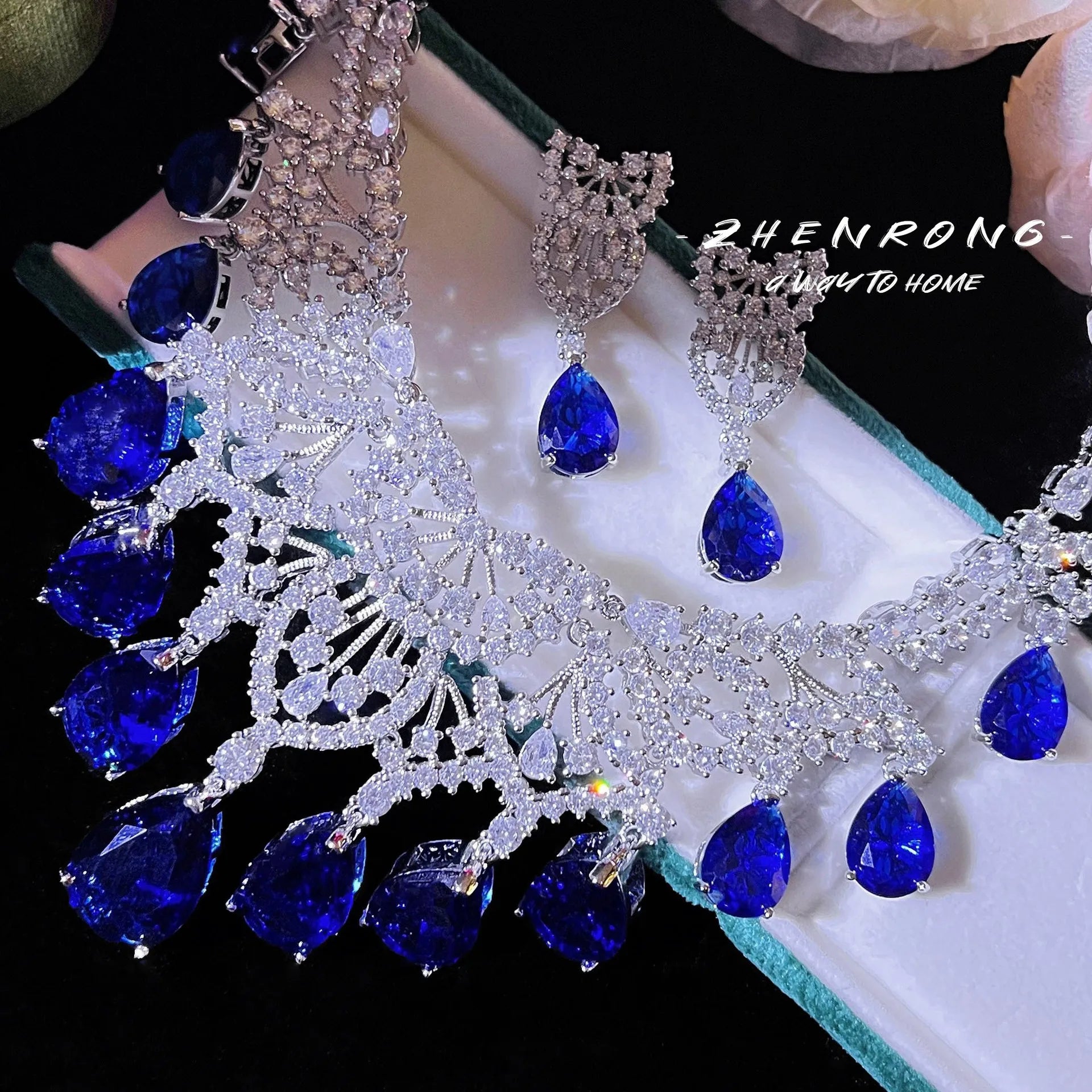 Luxury Designer Jewelry Choker Necklaces Earrings Sets Water Drop Blue Sapphires Silver Color Wedding Bride Women Accessories