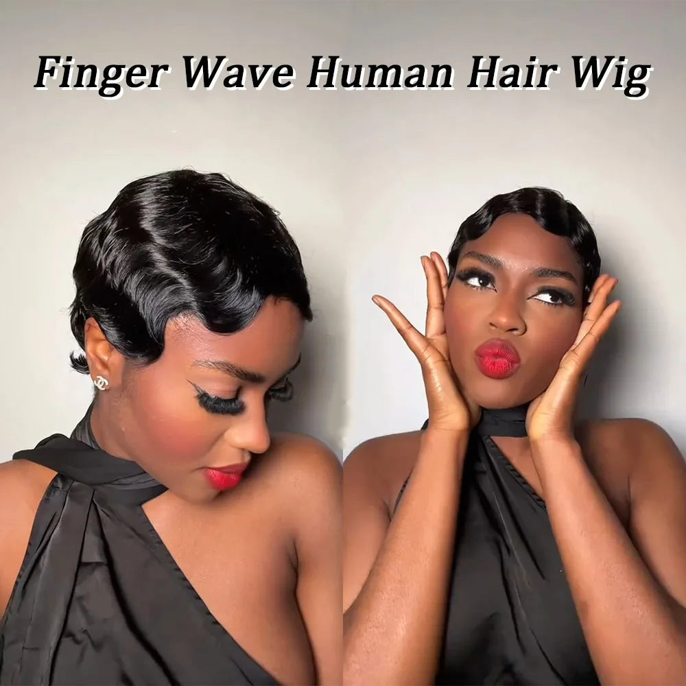 Short Human Hair Wigs for Women Ocean Finger Wave Pixie Cut Wig Human Hair
