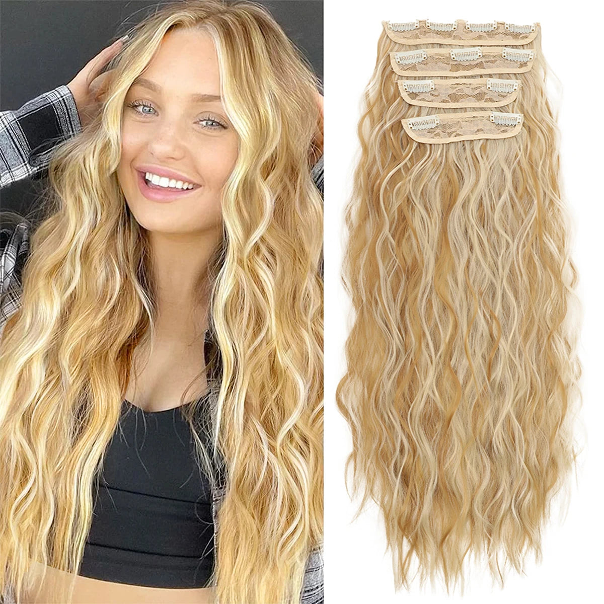 Natural Long Wavy Synthetic Hair Extension 18-32 inches Black 4pcs Hairpiece Fiber Double Weft Hair For Women Hair Accessories
