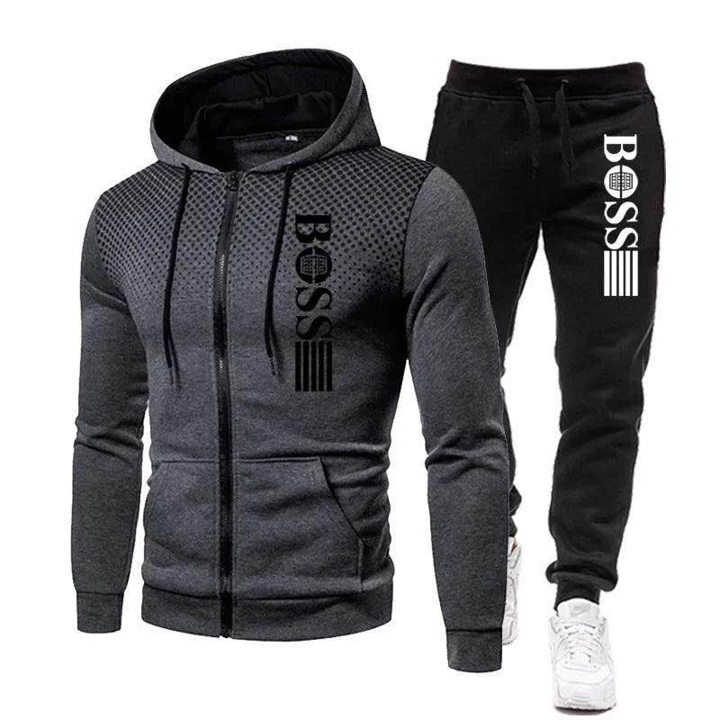 2026 New Men's zippered hoodie + Casual Pants Set for Autumn and Winter fashion Fitness and Warm sportswear Two-piece set