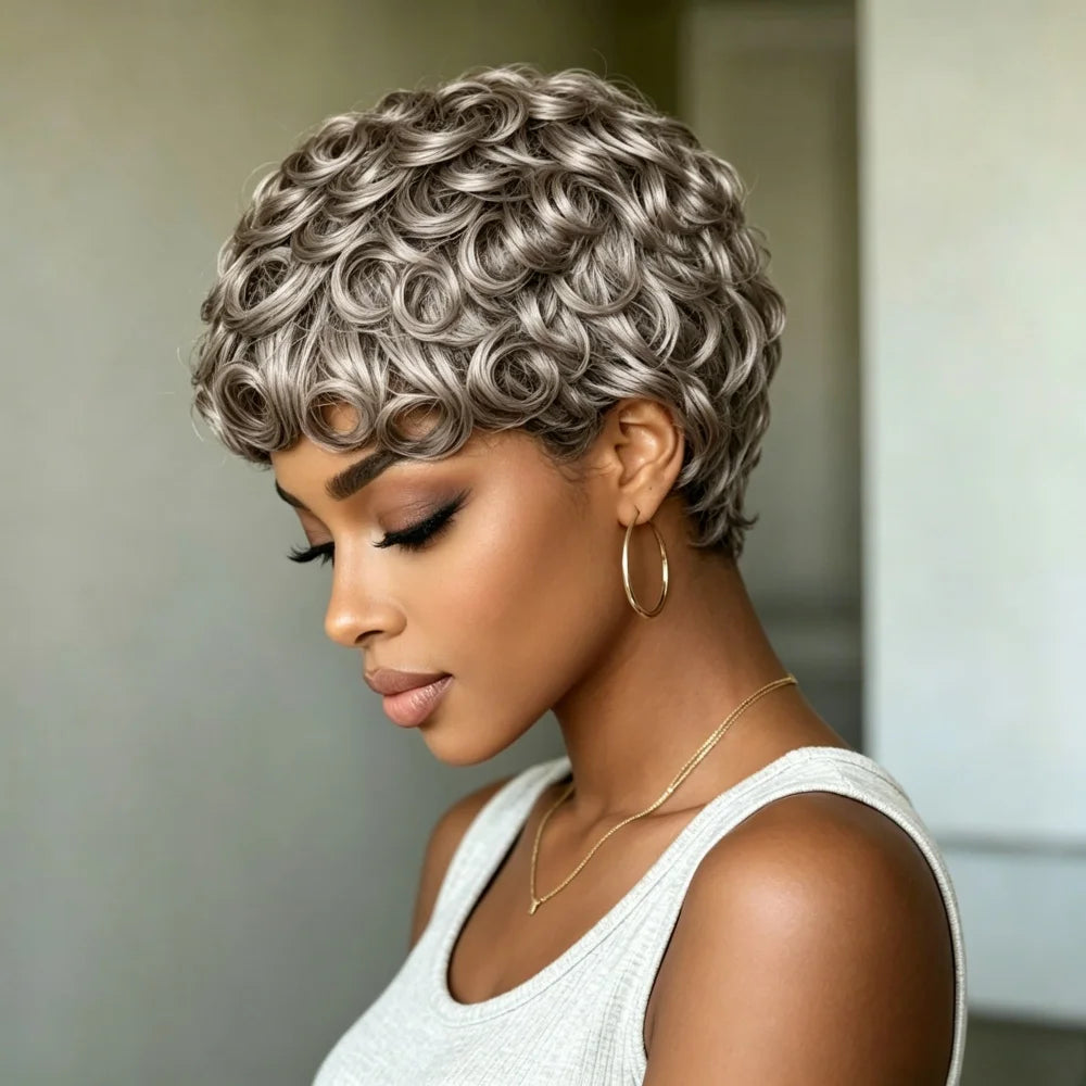 Short Pixie Cut Loose Curly Gray Human Hair Wig for Women Full Machine Made Stylish Silver Grey Synthetic Hair Topper