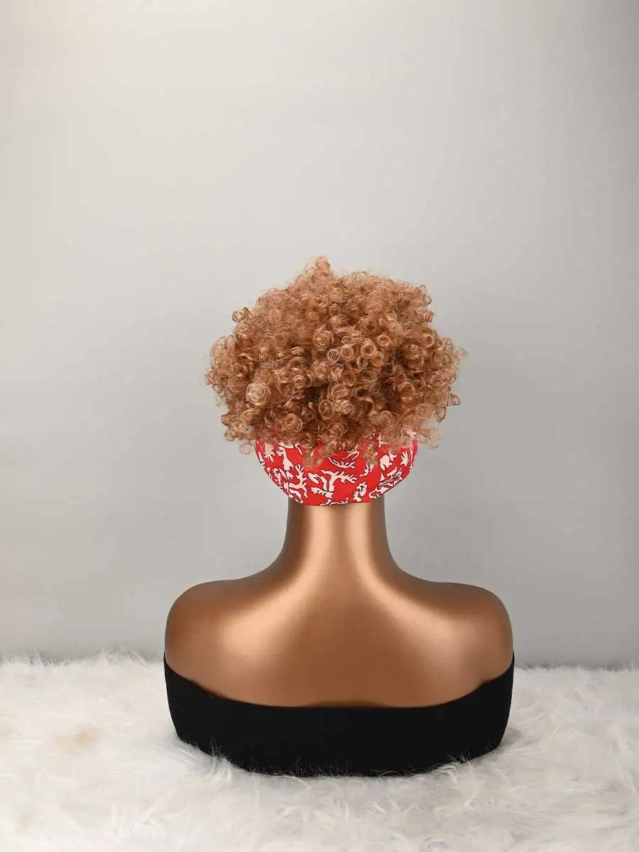 Headband Wig Curly Headband Wig With Bangs For Women Synthetic Afro Curly Hair Wig With Headband Attached Short Kinky Curly Afro High Puff With Bangs Stripes Short Red Curly Wigs with Bangs for Women, Natural Wavy Synthetic W