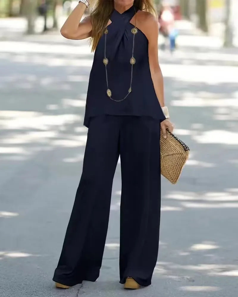 Women's Clothing  New Fashion Casual Halter Neck Solid Color Sleeveless Suit Wide Leg Pants Trousers Two-piece Suit