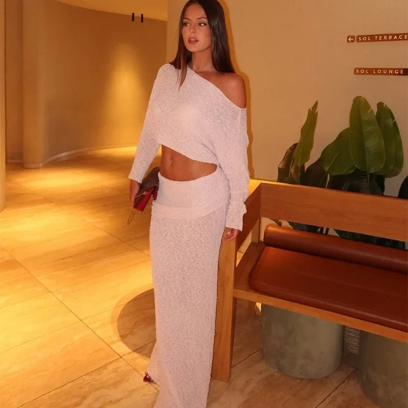Knitted Skirt Set Women's Summer Off-Shoulder Long Sleeve Cropped Top Slim See-through Pleated Skirt Female Skirt Set