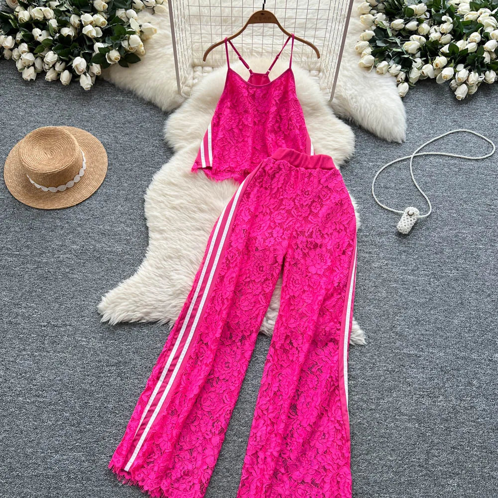 Women Two Pieces Sets Spliced lace Off Shoulder Slip Top and Fashion Hotsweet High Waist Elastic Waist  Wide Leg Pant Sets