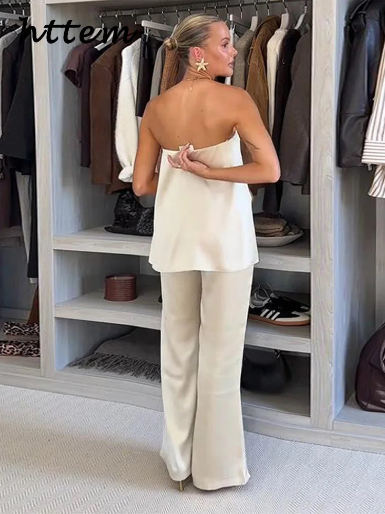 Elegant Satin Top Pants Sets Women Sleeveless Backless Tube Tops Zipper Wide Leg Trousesr 2025 Summer Lady Vacation Outfits
