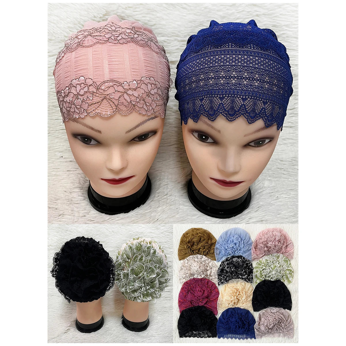 Elastic Design Lace Hollow Out Flannel Hat Women's Cap Forehead Cross Muslim Base Scarf Indian National Style Pearl Headdress
