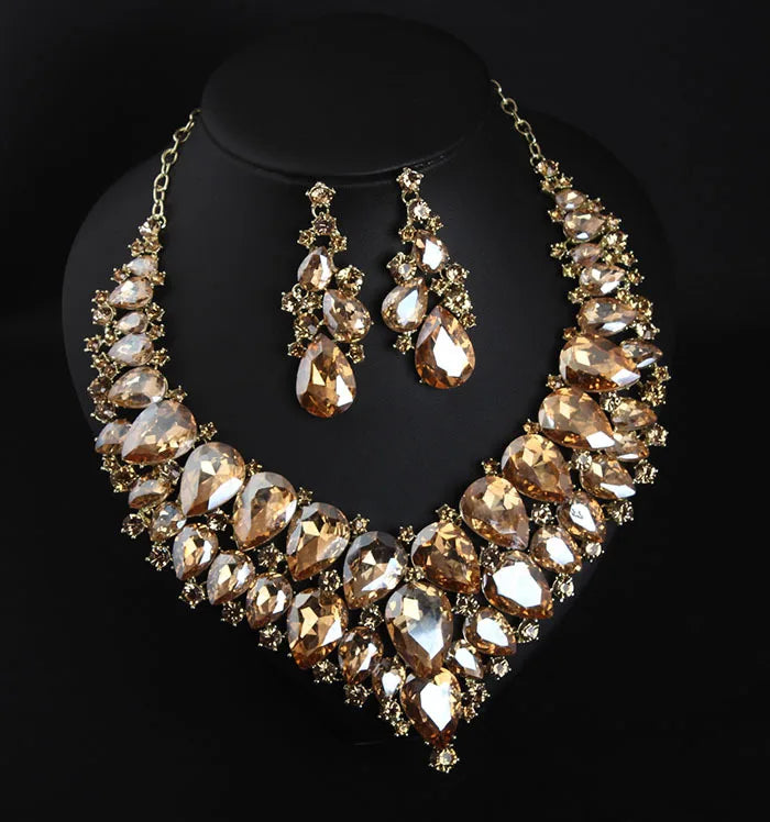 Luxury Super Shiny Colored Gems Crystal Jewelry Set Trendy Necklace Earring Women Wedding Bridesmaid Accessories Gift Wholesale