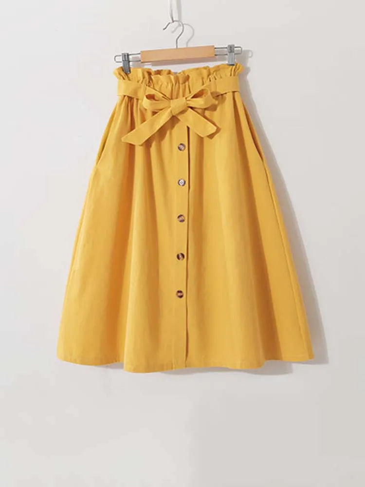 Women Summer Midi Skirt Girls Elegant Solid High Waist Spring Casual Single-Breasted Sashes Office Ladies A-Line Cotton Skirt