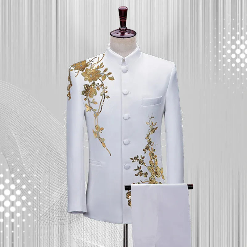 Fashion Men Stand Up Collar Floral Suit Luxurious Sequin Clothing Male Business Social Wedding Ball Party Dress Blazer and Pants