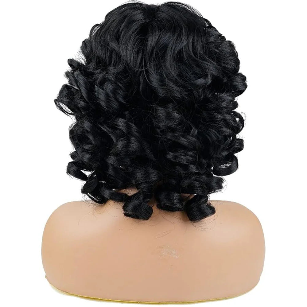 Big Curly Wigs For Black Women, Synthetic Loose Curly Wigs With Bangs, 14 Inch Black Natural Bob Wigs For Women