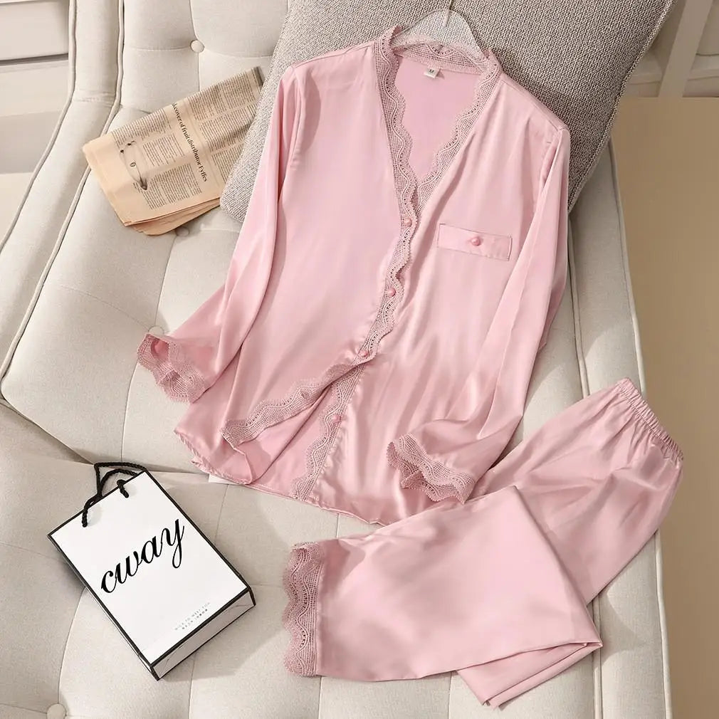 Conjunto de pijama de satén sedoso para mujer, manga larga, ropa de dormir casual, loungewear, rayón, 2 piezas para el hogar