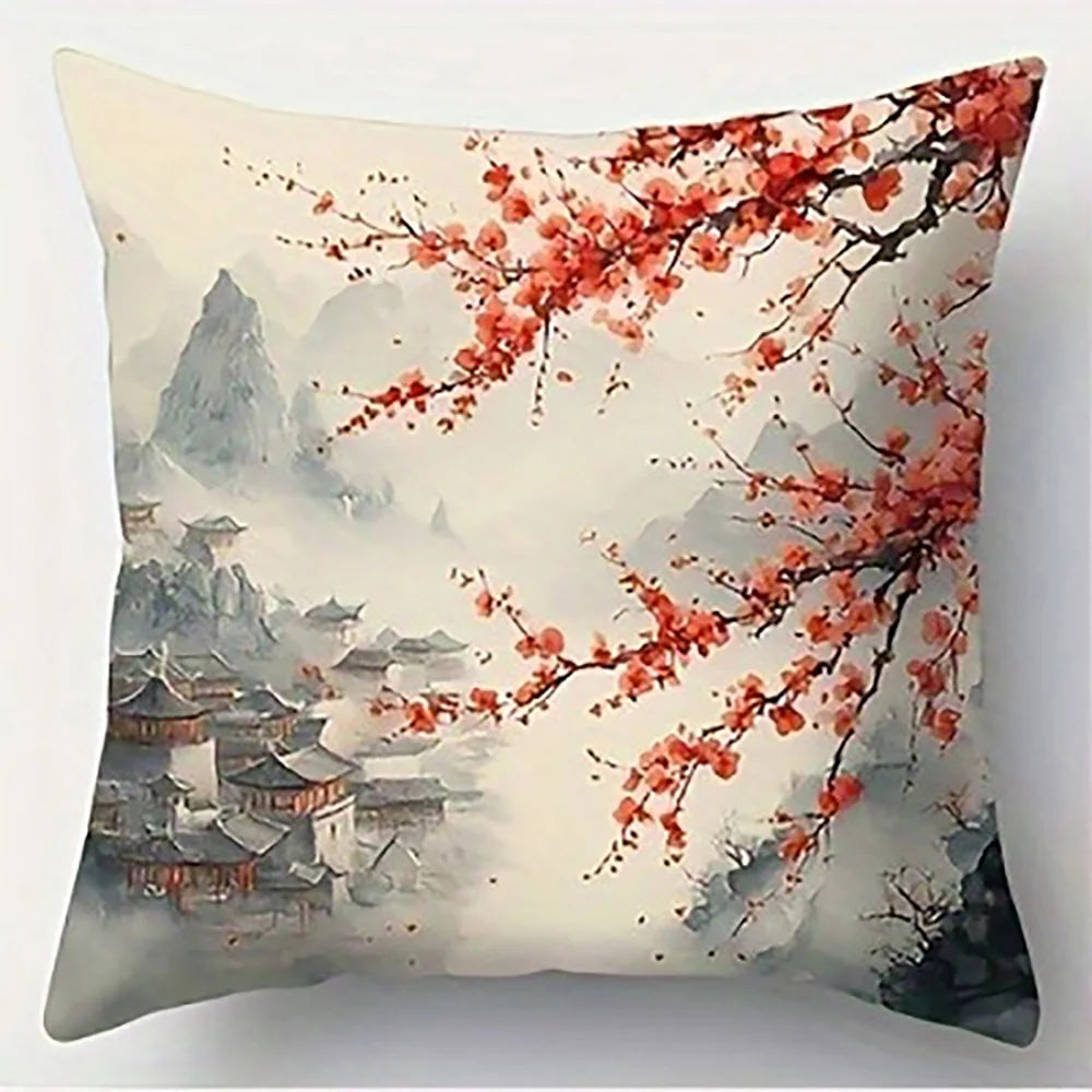 Blooming Plum Blossoms on Mountain SceneSuitable for sofa car bedroom decorative cushion cover pillow cover