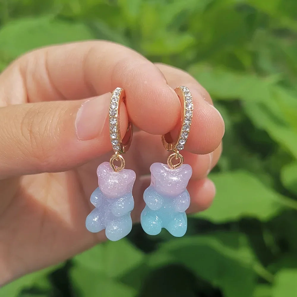 Pendientes colgantes de oso de gominola de acrílico bonitos para mujer, pendientes de aro de oso arcoíris CZ, joyería dulce de niña, moda coreana 2022
