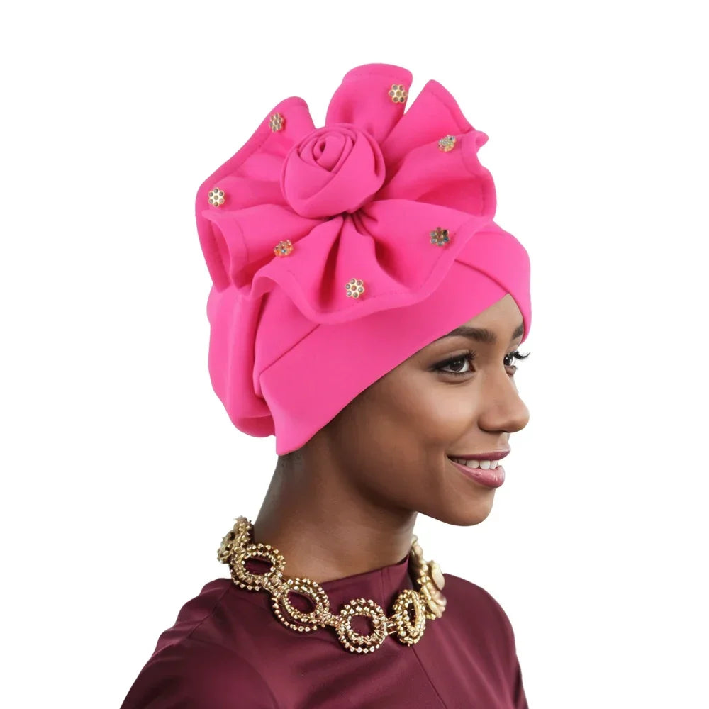 2025 Trendy Women Big Flower Turban Hat Fashion Muslim Hijab Caps Beads Head Wrap Bonnet Bandana Chemo Cap African Headties Hats