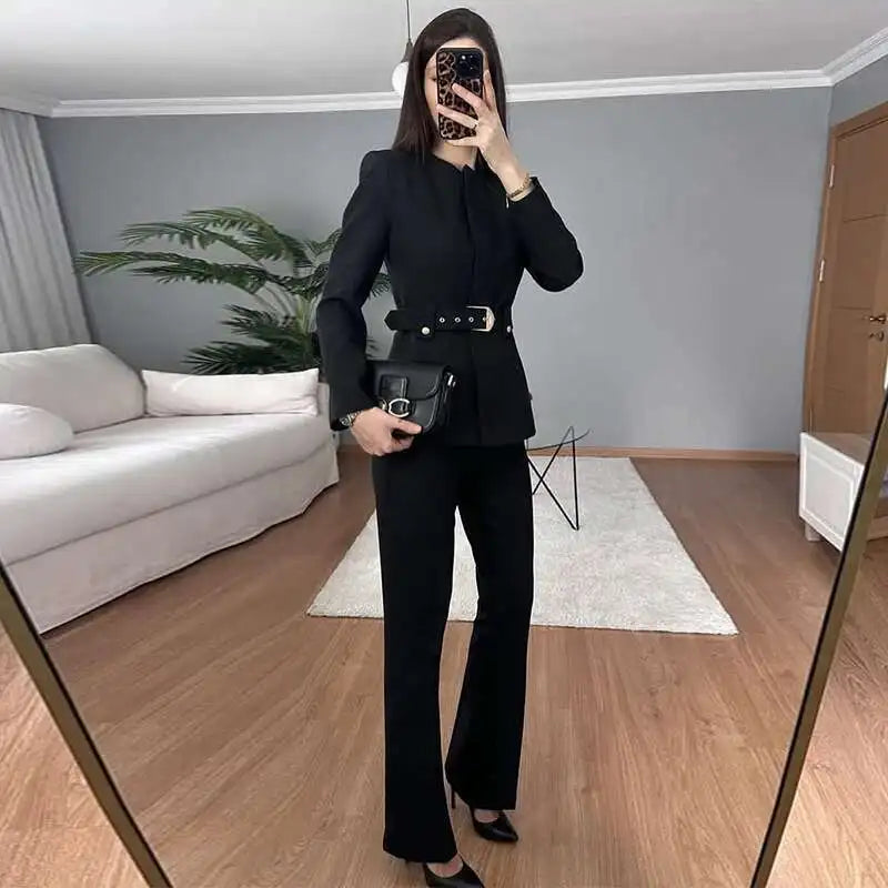 Elegant Women's Trouser Suits Long Sleeve O-Neck Top With Belt Solid Wide Leg Pants Female Suit 2025 Spring 2 Pieces Set Women