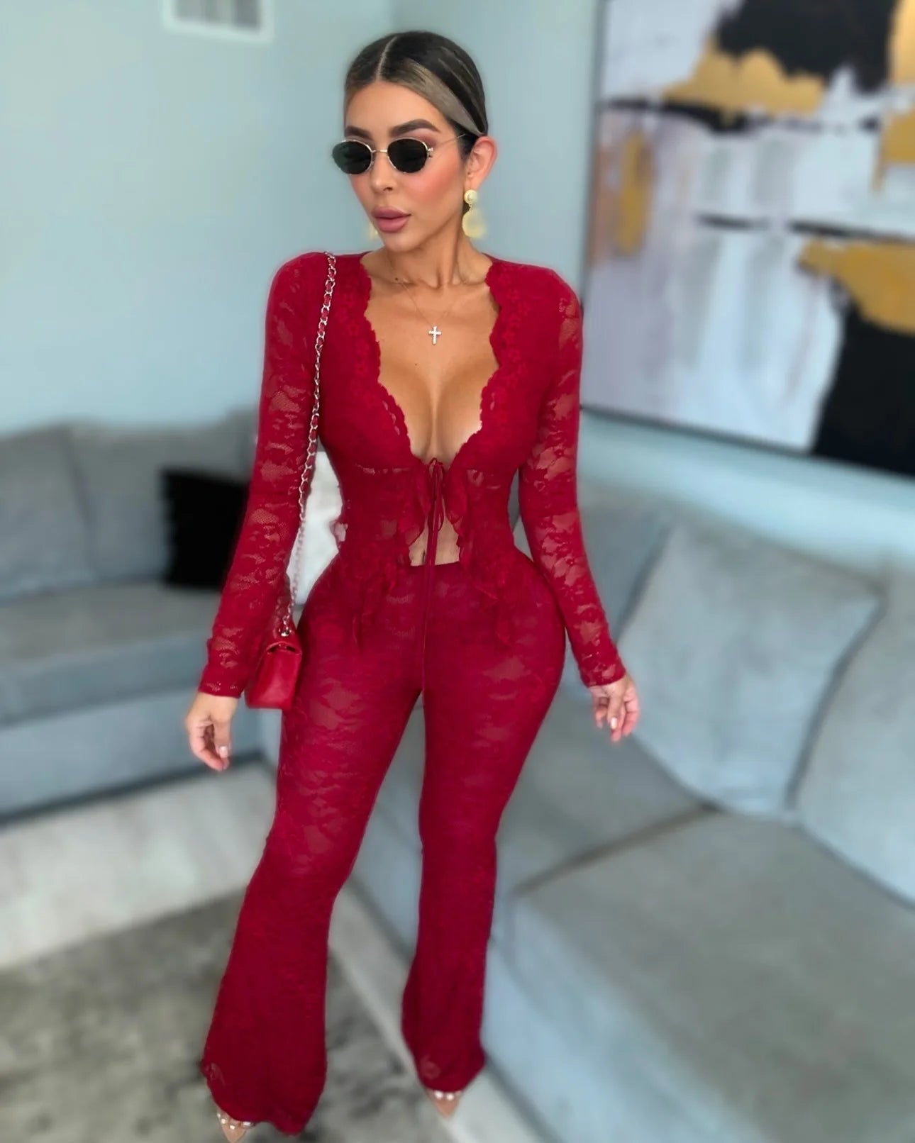 Pant Sets Women Two Pieces Cardigan Lace Sexy Tops Tracksuit Full Wide Leg Pants Loose Fit Casual Spliced High Waist Solid