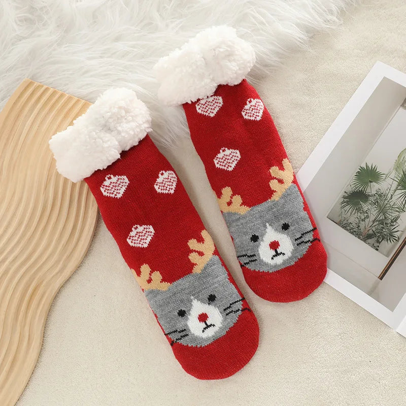 Fuzzy Thermal Sock Women Winter Warm Funny Bear Sheep Cute Kawaii Non Slip Cartoon Sleeping Soft Comfy Female Floor Slipper Sock