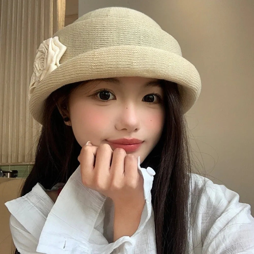 Vintage French Style Camellia Flower Cap Curl Brim Hepburn Floral Bowler Hat Elegant British Women's Formal hat Lady