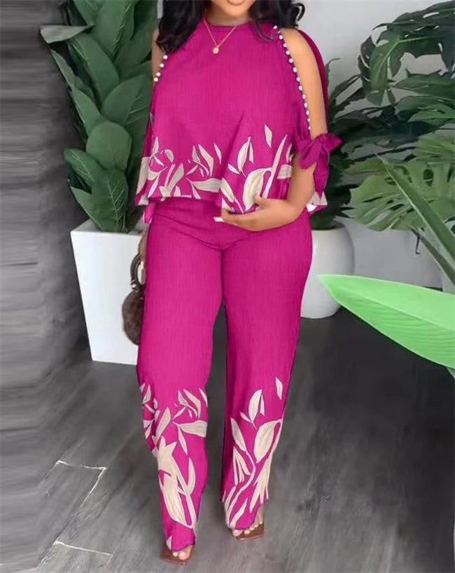 Two Piece Sets Women Outifit Beaded O-Neck Split Sleeve Top & Casual High Waist Straight Leg Pants Set 2023 Summer New Fashion