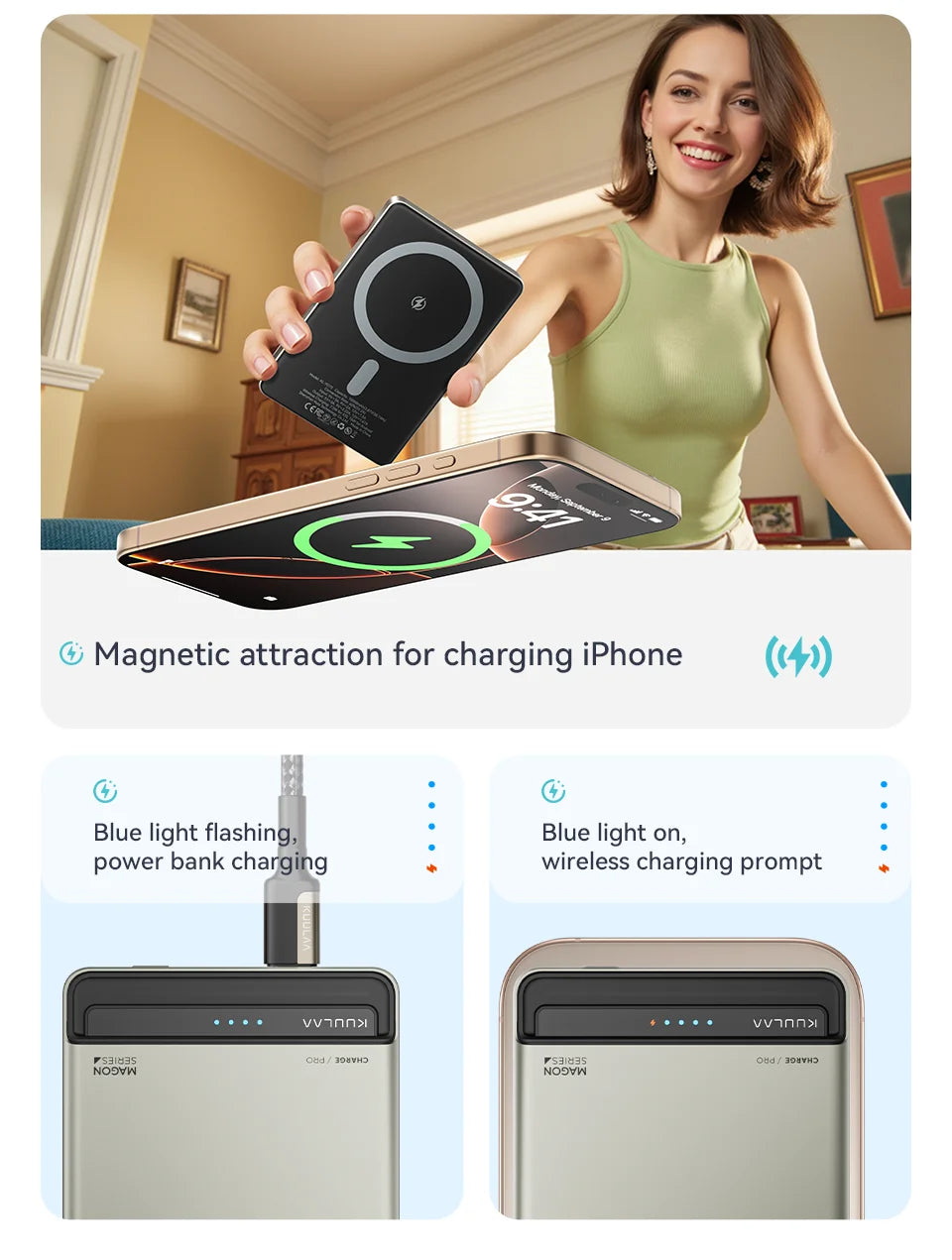 KUULAA Magnetic Power Bank 10000Ah Wireless Portable charger 20W Fast Charging For magsafe For iPhone 16 15 14 Por Max PowerBank