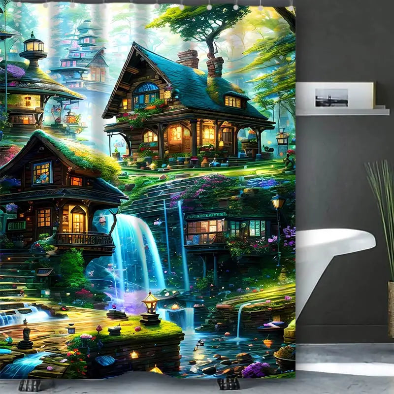 Dream view Cottage  Bathing Curtain  Bathroom Shower Curtain Waterproof With 12 Hooks Home Deco Free Ship