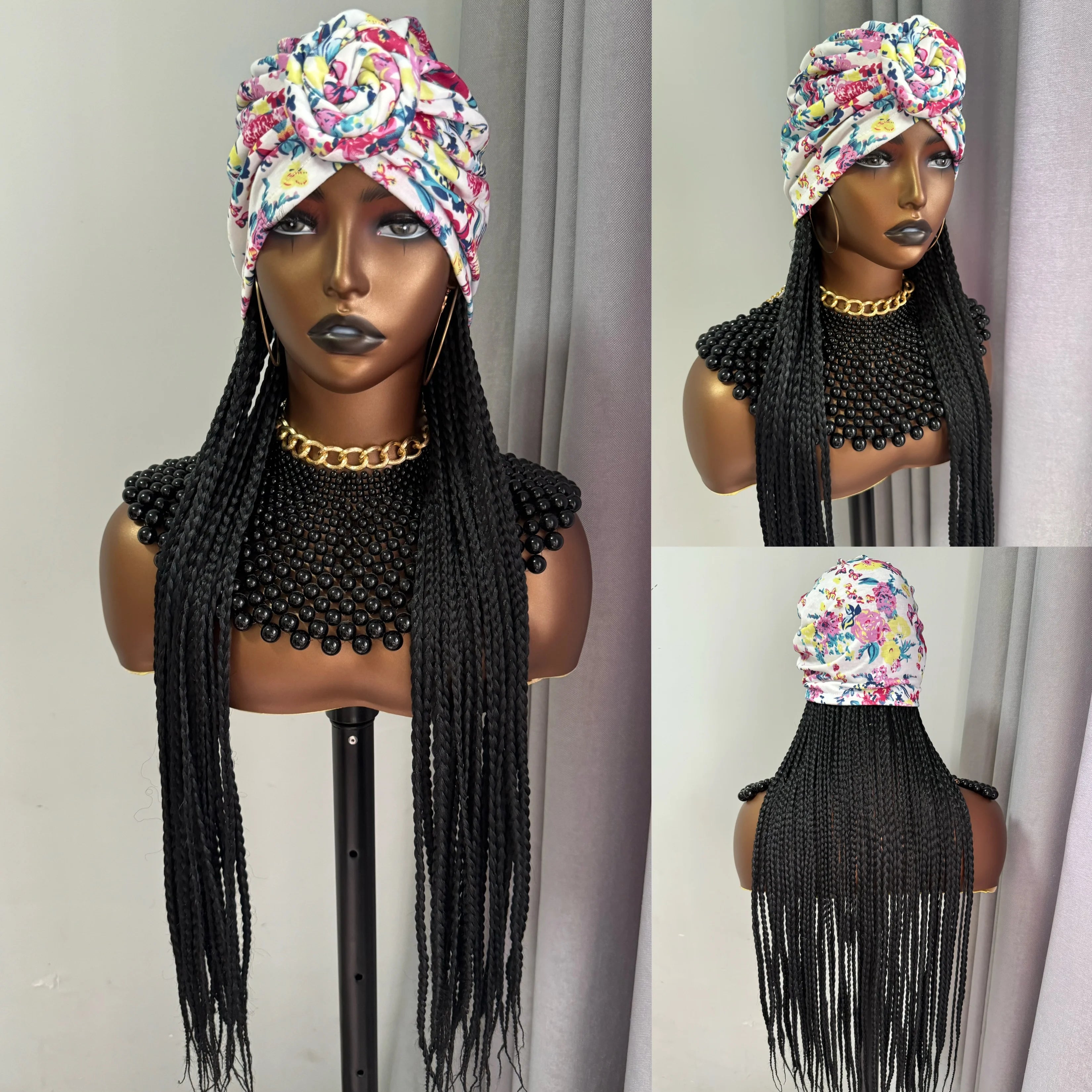 WIGERA Diadema con estampado de leopardo Peluca sintética trenzada larga con gorro turbante Trenzado de caja Extensiones de cabello Pañuelo para la cabeza Peinado fácil