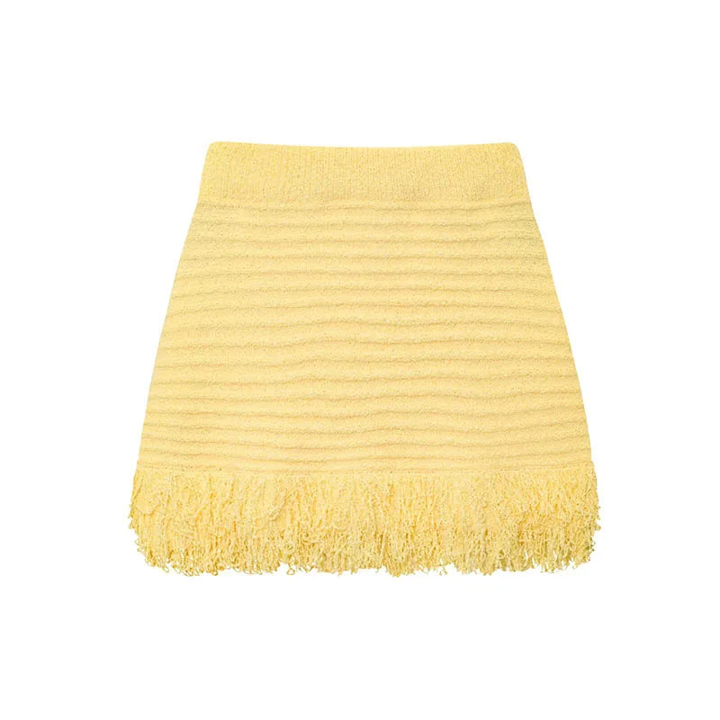 HipSeam Fringed Check Knit Skrts Sets Short Sleeved Lapel Button Tops Sexy Hip High Waist Skirts 2 Piece Set Women's Outfits