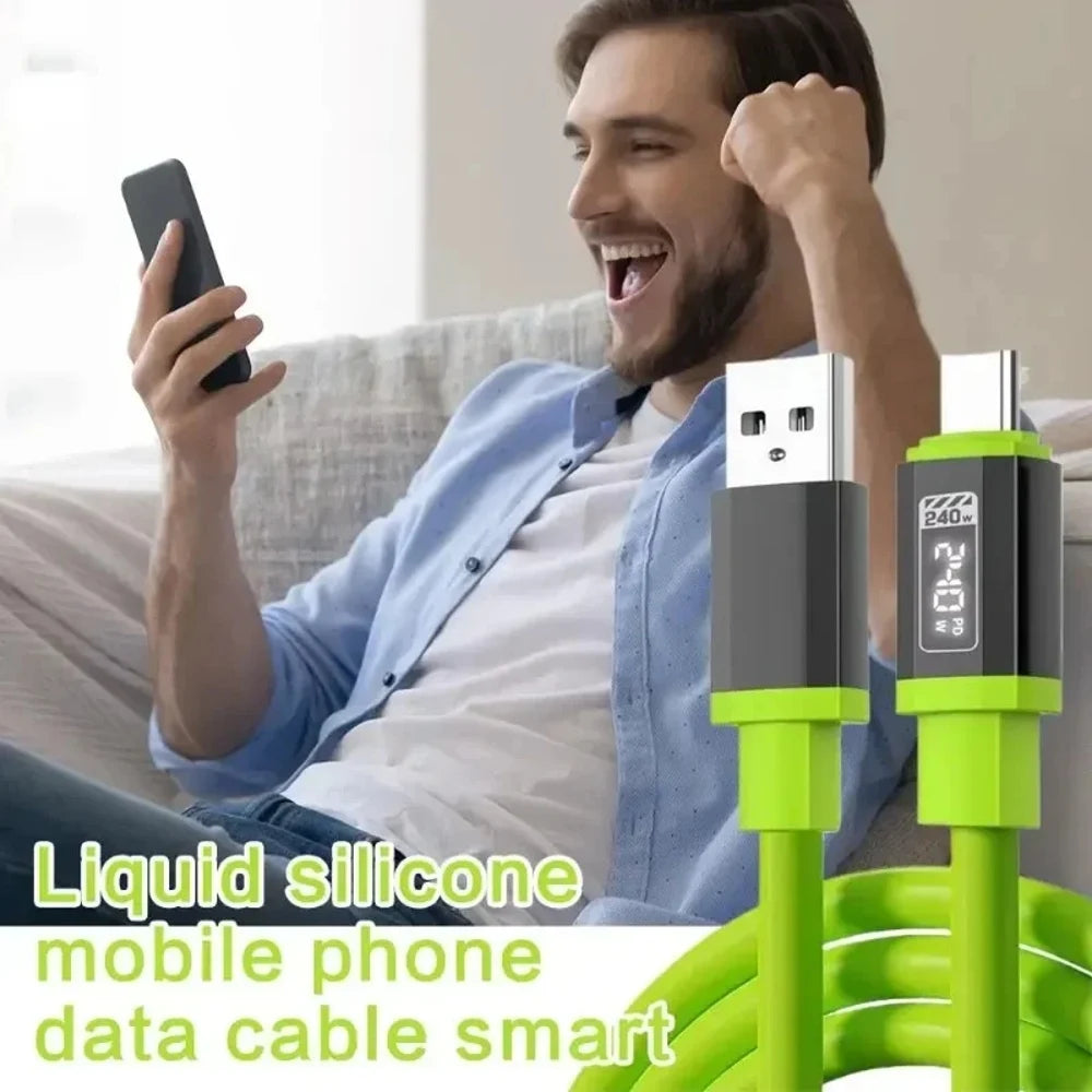 Câble de données en silicone liquide de Type-C à Type-C PD 240 W Câble de charge rapide intelligent Câble haute puissance avec affichage numérique HD