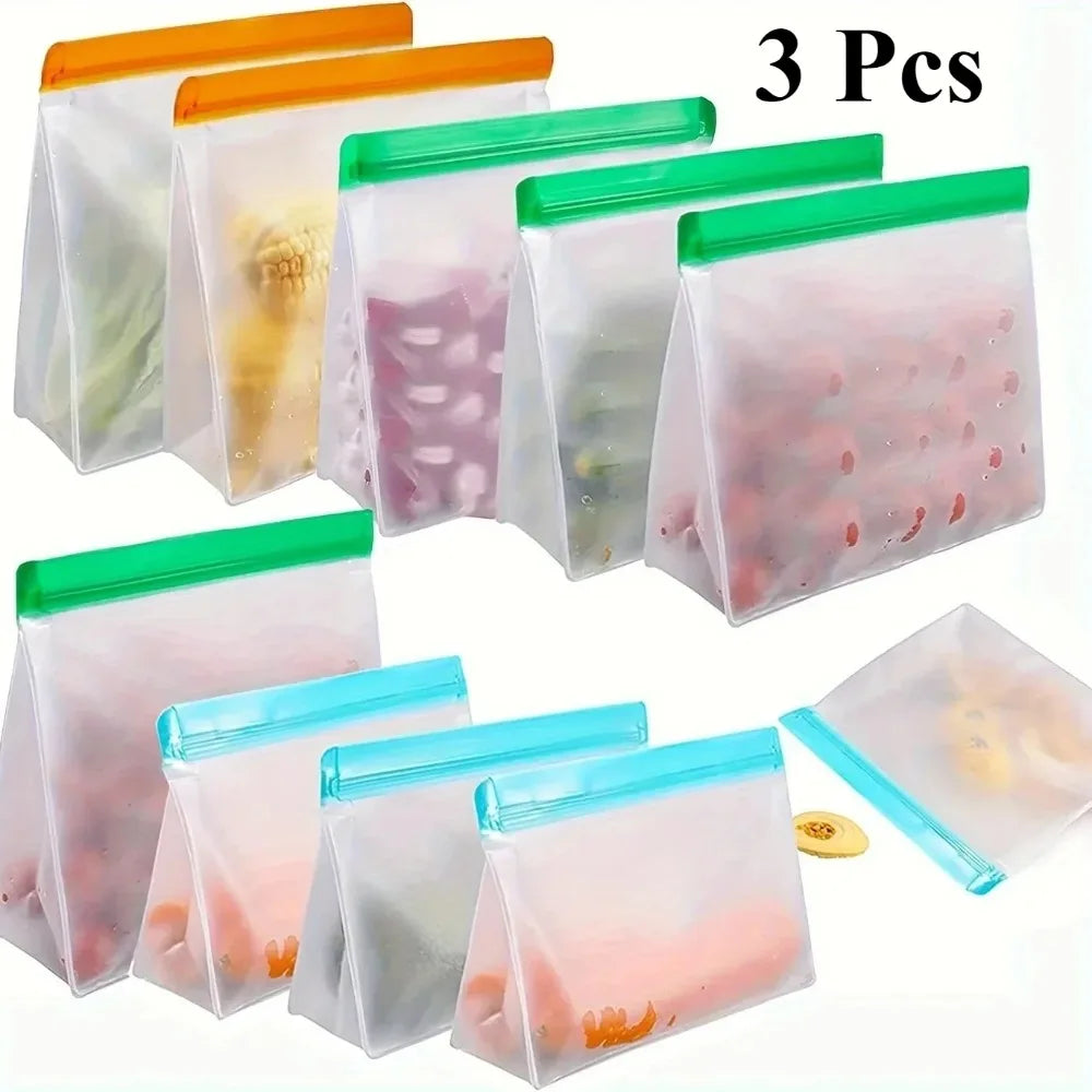3 bolsas reutilizables de silicona para alimentos, bolsas reutilizables a prueba de fugas para congelador,