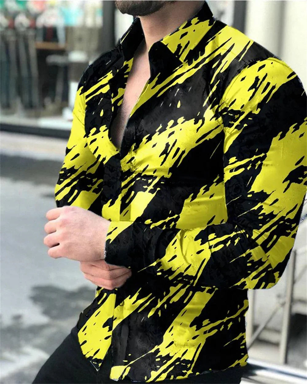 Luxury men's social shirt lapel single-breasted 3D plaid print long-sleeved designer clothing casual street white shirt