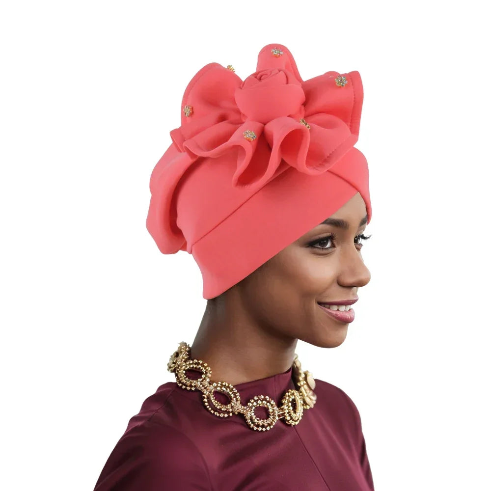 2025 Trendy Women Big Flower Turban Hat Fashion Muslim Hijab Caps Beads Head Wrap Bonnet Bandana Chemo Cap African Headties Hats