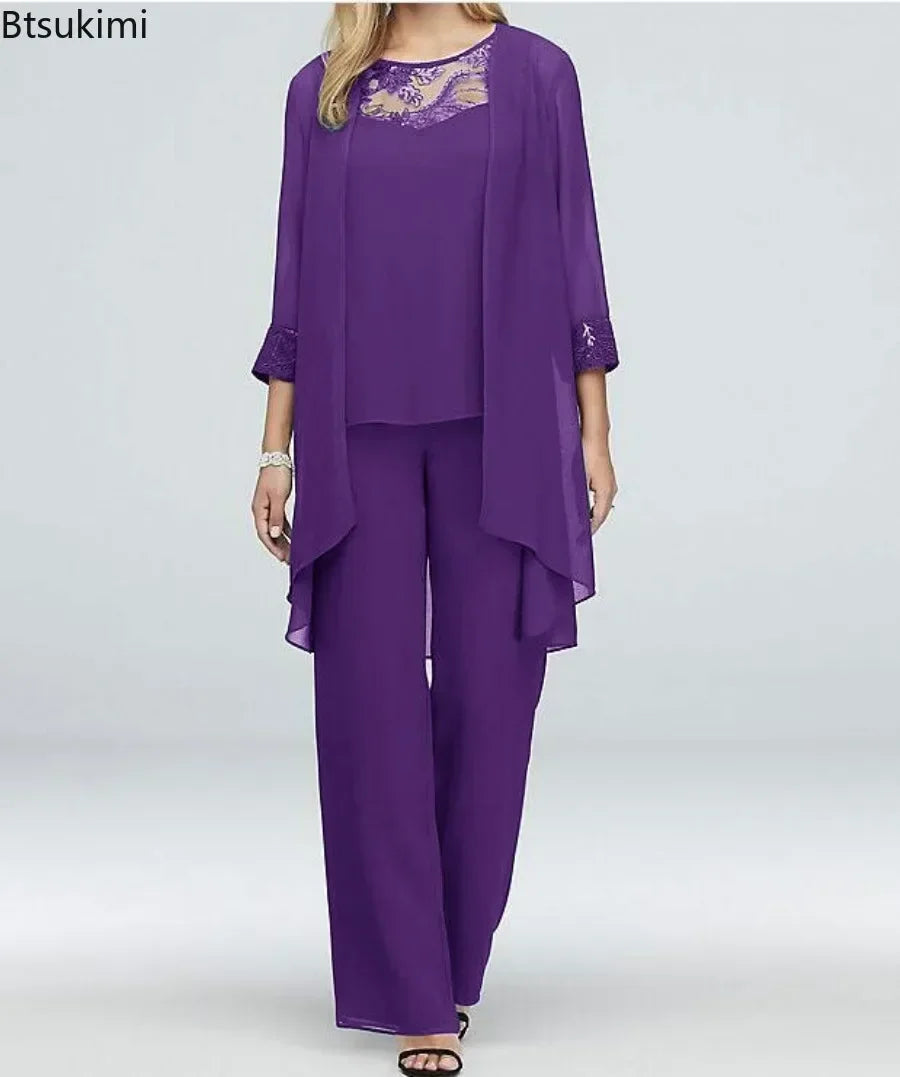 Women's Elegant Pant Sets Formal Office Ladies Oversized Chiffon Lace Suits Straight Pant Cardigan Tops 3 Pieces Sets Woman
